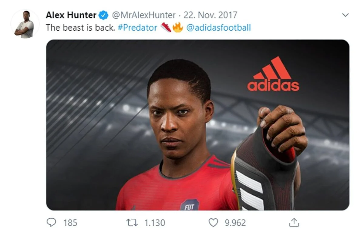 Neben großen Modemarken setzen auch andere Unternehmen wie der Sportartikelhersteller adidas zunehmend auf virtuelle Influencer. Mit Alex Hunter, der Spielfigur aus der FIFA-Reihe von EA SPORTS, nutzt adidas in seinen Kampagnen eine bekannte Kunstfigur neben echten Fußballstars.