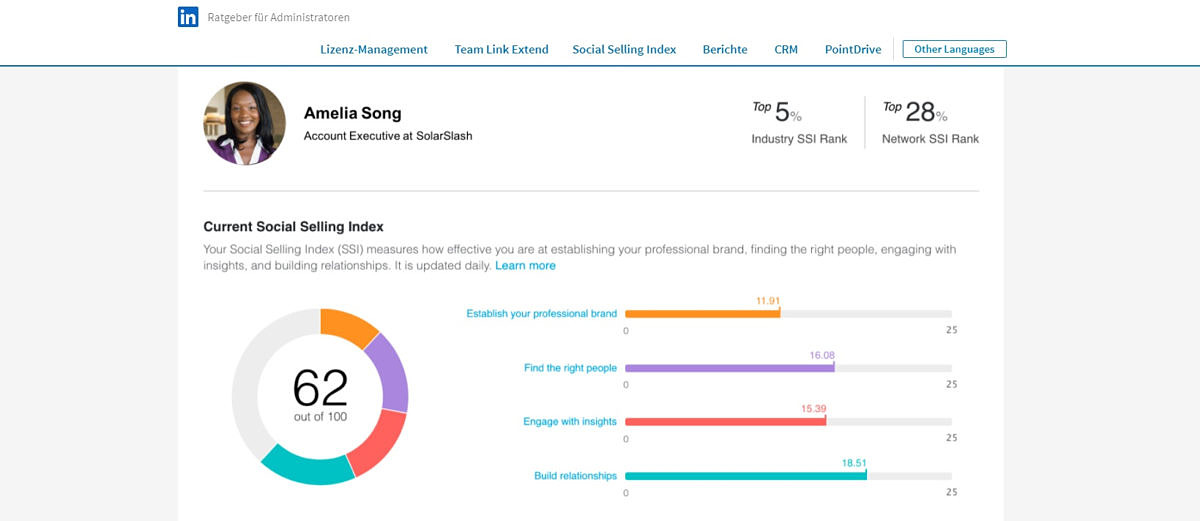 Der SSI, LinkedIns Social Selling Index, ist ein normierter numerischer Wert zwischen 0 und 100. Der LinkedIn SSI Höchstwert von 100 Punkten setzt sich aus vier Einzelkriterien zu je 25 Punkten zusammen