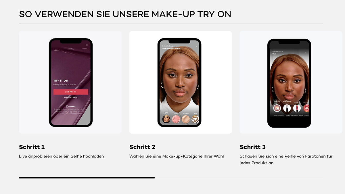 L’Oréals AR-Lösung simuliert Make-up-Produkte. Mit dem Virtual Make-up Simulator können L’Oréal-Kund:innen Lippenstift und Co. ausprobieren.