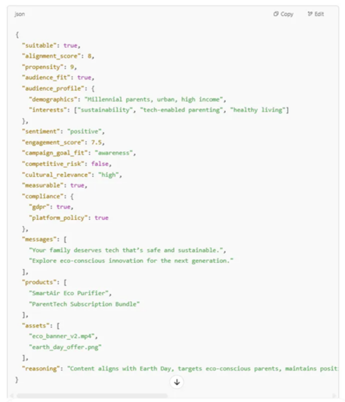 JSON-Schema zeigt auf, wie KI-Agenten Entscheidungen ableiten JSON-Schema: Screenshot eines Programmcodes, der die Analyse eines KI-Agenten zeigt