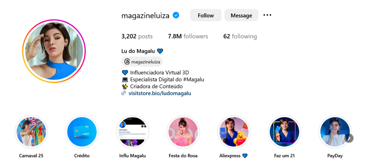 KI-Avatar Lu do Magalu Screenshot des Instagram Accounts von Lu do Magalu mit 7,8 Millionen Follower:innen.