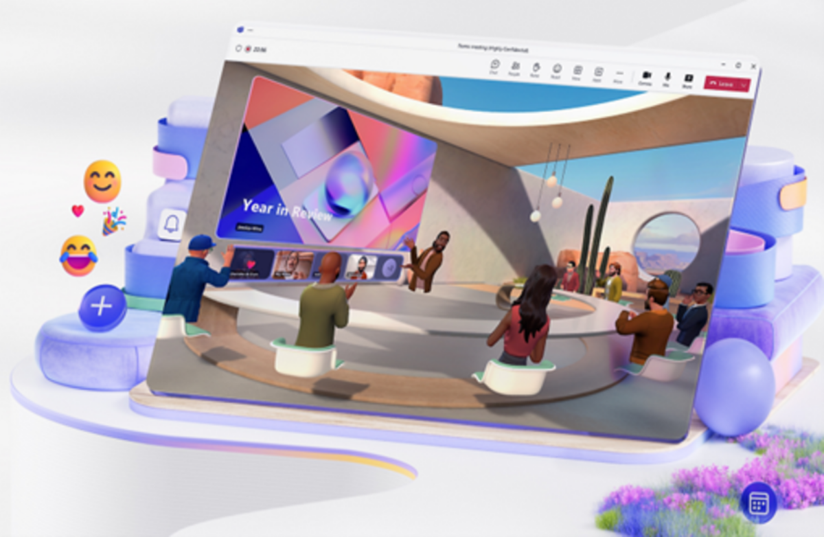 Microsoft Mesh macht den digitalen Raum für die Zusammenarbeit effektiv nutzbar. Eine Gruppe an Avataren nimmt an einem digitalen Meeting teil.