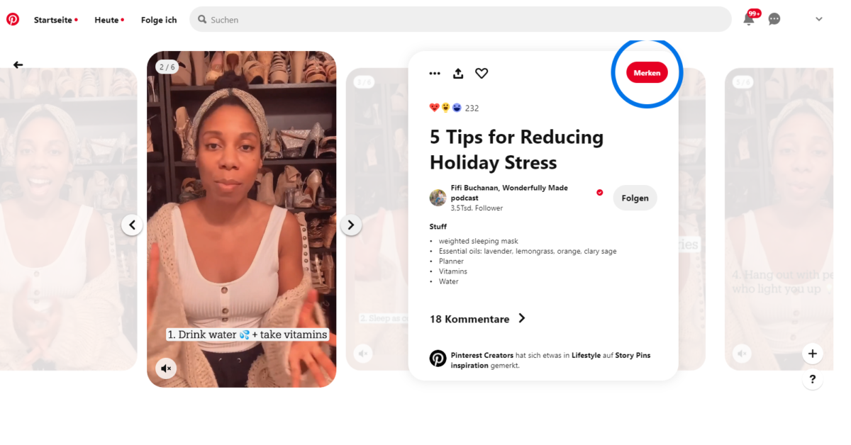 Jedes dieser Kurzvideos von Fifi Buchanan umfasst einen Tipp zum Thema. Fifi Buchanan gibt Tipps zur Stressreduktion im Pinterest-Story-Format.