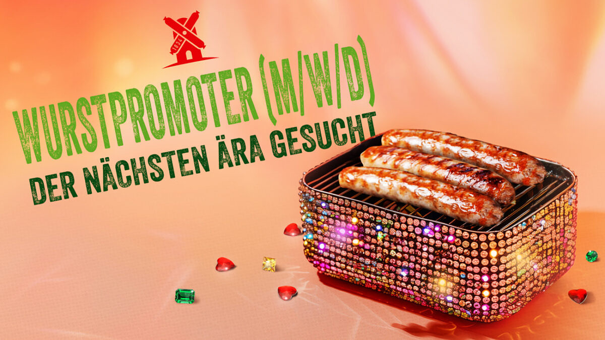 Brand Relevance: Campaign Visual by Rügenwalder Mühle Brand Relevance: Ad visual featuring a shiny mini grill filled with bratwursts and the slogan “Looking for the Sausage Promoter (m/f/d) of the Next Era” in german.
