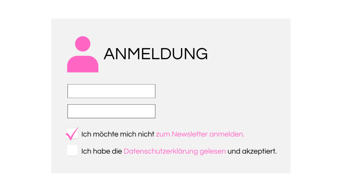Ein Banner zeigt die verwirrende, bereits mit einem Häkchen versehene Option „Ich möchte mich nicht zum Newsletter anmelden“.