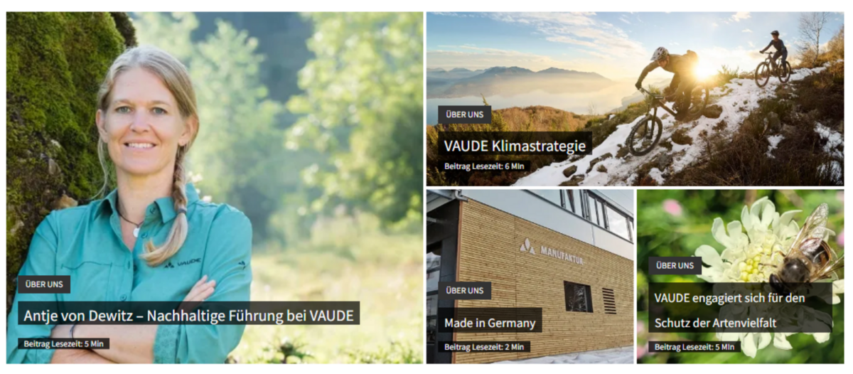 Screenshot of Vaude’s website featuring various sustainability-themed blog articles 