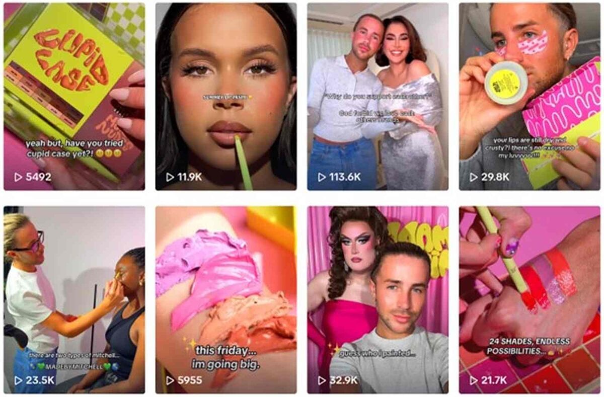 Screenshot des TikTok-Profils von Made By Mitchell mit verschiedenen Make-up-Videos, Produktdemos und Inhalten von Influencer:innen