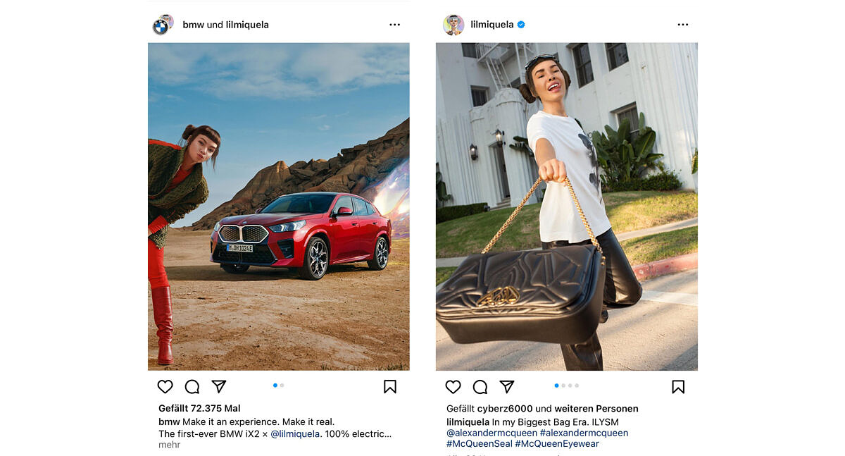 Virtual influencer Lil Miquela promotes BMW and Alexander McQueen on Instagram.