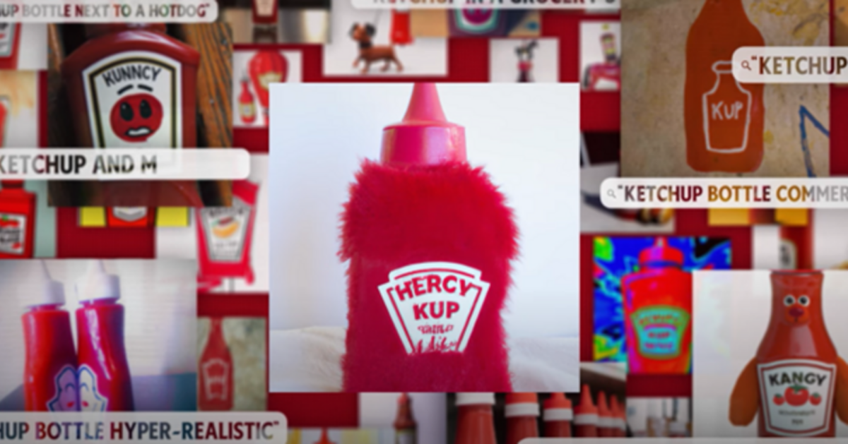 A collage of unusual ketchup bottles with a fluffy red bottle bearing the label “Hercy Kup” in the center
