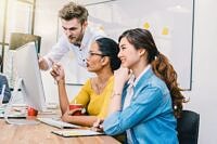Group Of Asian and Multiethnic Business people with casual suit working with happy action in the modern Office, people business group concept