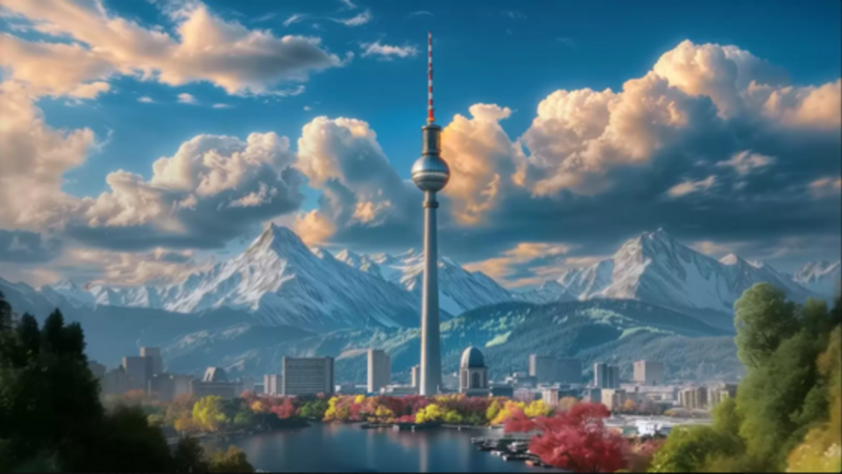 Stadtansicht von Berlin mit dem Fernsehturm, im Hintergrund schneebedeckte Alpen und dramatische Wolkenstimmung bei Sonnenuntergang