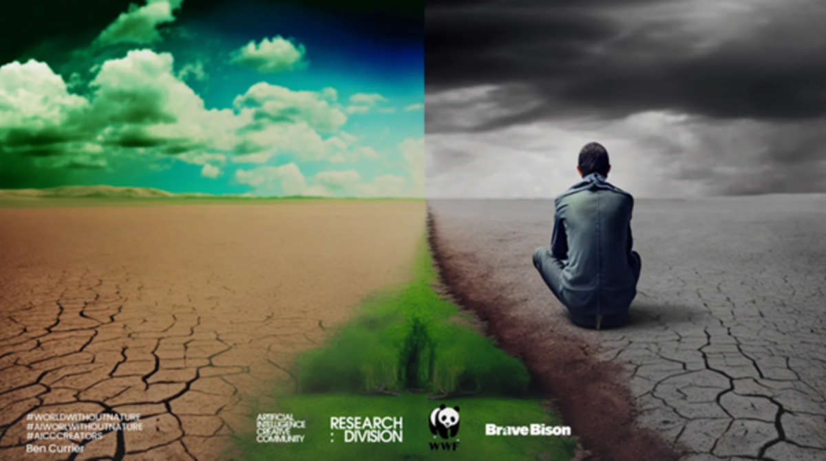 Symbolische KI-Visualisierung einer gespaltenen Welt: Links verdorrte Erde mit grünem Himmel, rechts ein Mann in grauer, trostloser Landschaft