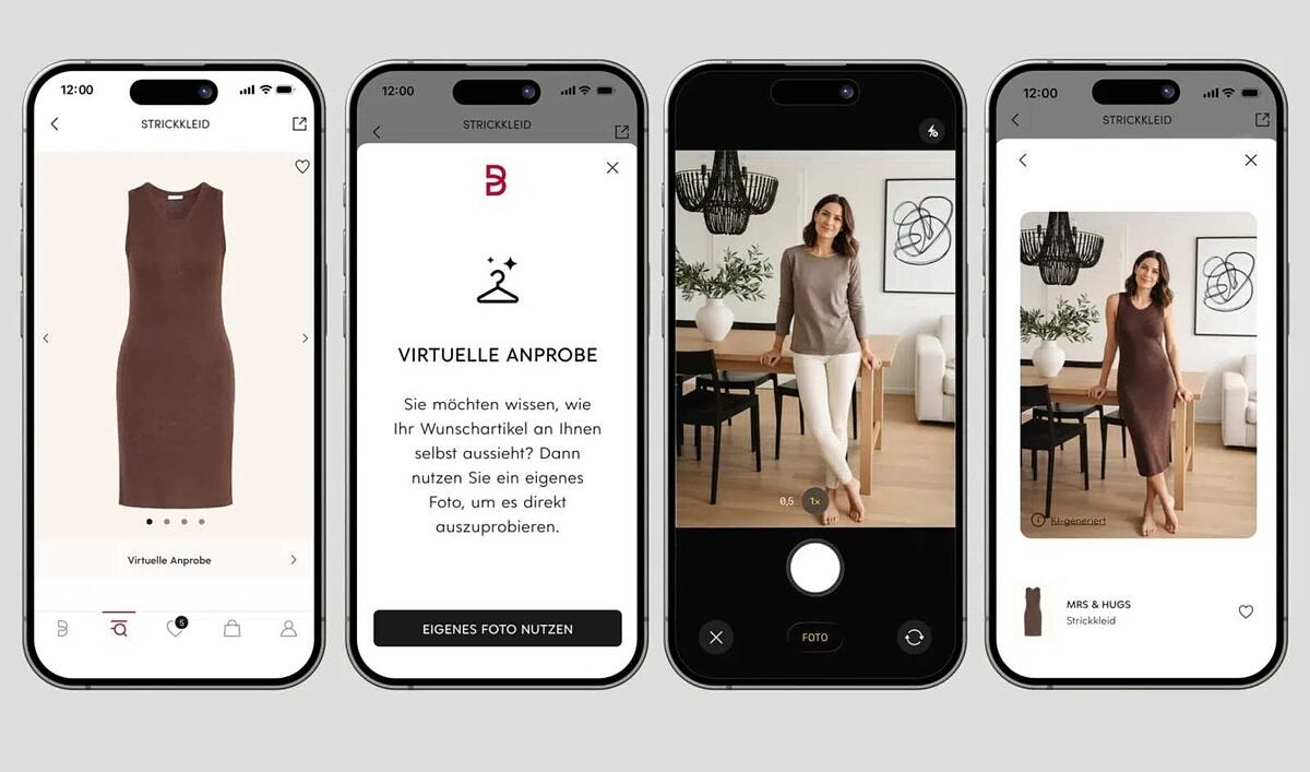 Screenshots aus der App zeigen die Funktionsweise von Virtual Try-On. 