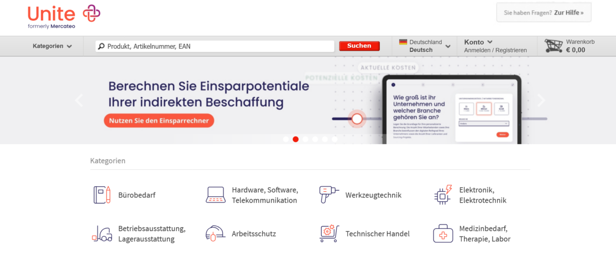 Screenshot der B2B-Beschaffungsplattform Unite als Beispiel für Plattformisierung