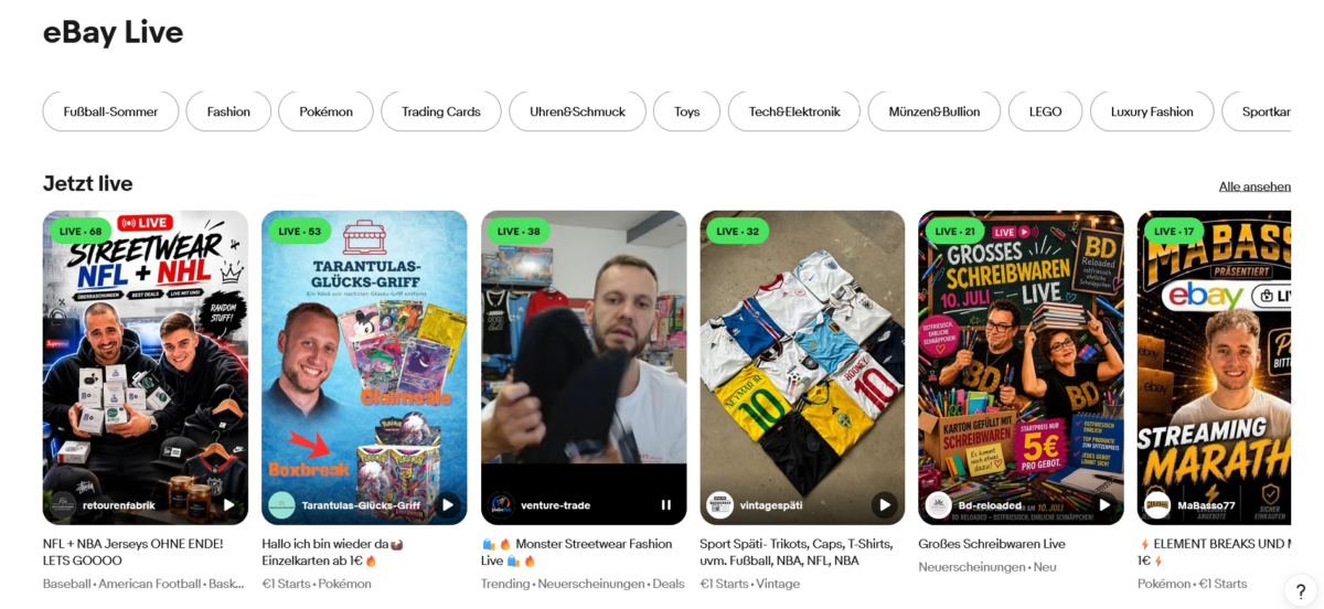 Screenshot of the eBay Live home page