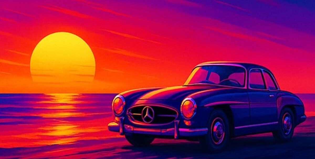 A Mercedes car is parked at the beach during sunset. 