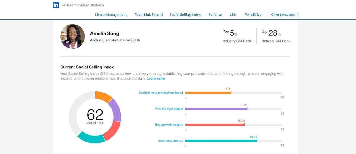 Der LinkedIn SSI Höchstwert von 100 Punkten setzt sich aus vier Einzelkriterien zu je 25 Punkten zusammen
