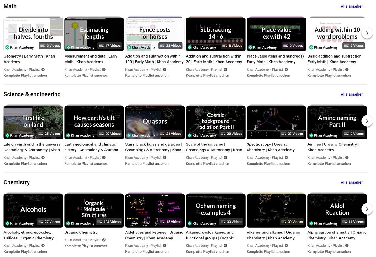 Exemplary educational content comes from the Khan Academy on YouTube
