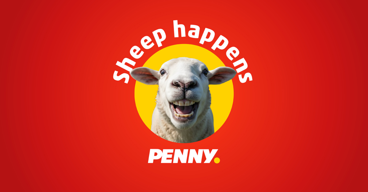 Visual from PENNY’s “Sheep Happens” campaign featuring a sheep on a red background as an example of an award-winning marketing campaign.